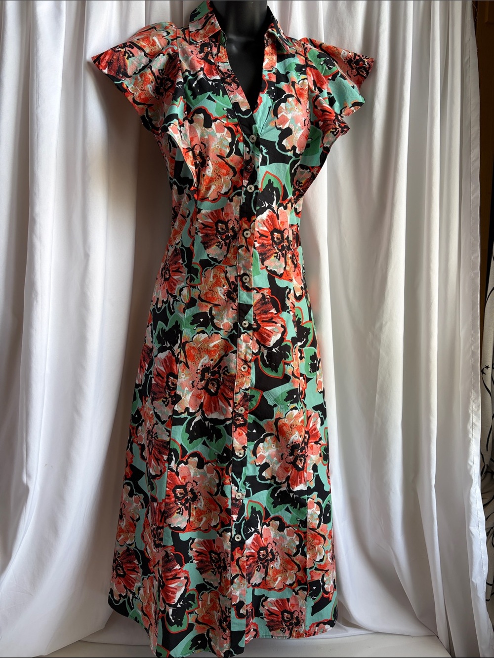 Maeve by Anthropologie Coral Floral Button-Front Midi Dress with Mint Base